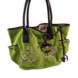 Y2K Juicy Couture Green Velvet Tote Bag With Black Leather Handles & Gold Accent